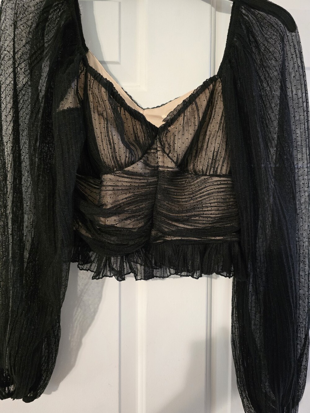 Meraki Sheer Black Long Sleeve Ruched Crop Top